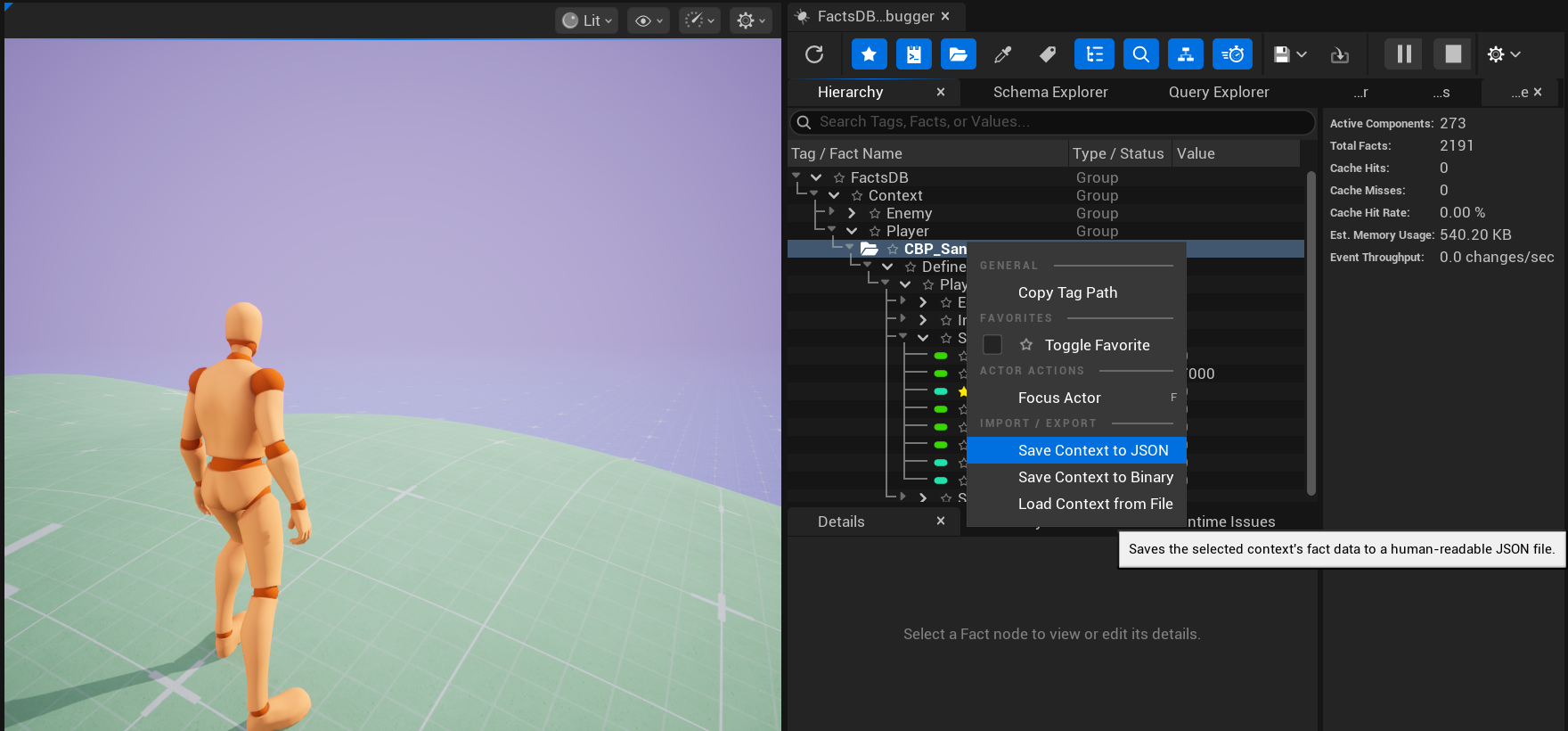The context menu for a Fact node in the Hierarchy view