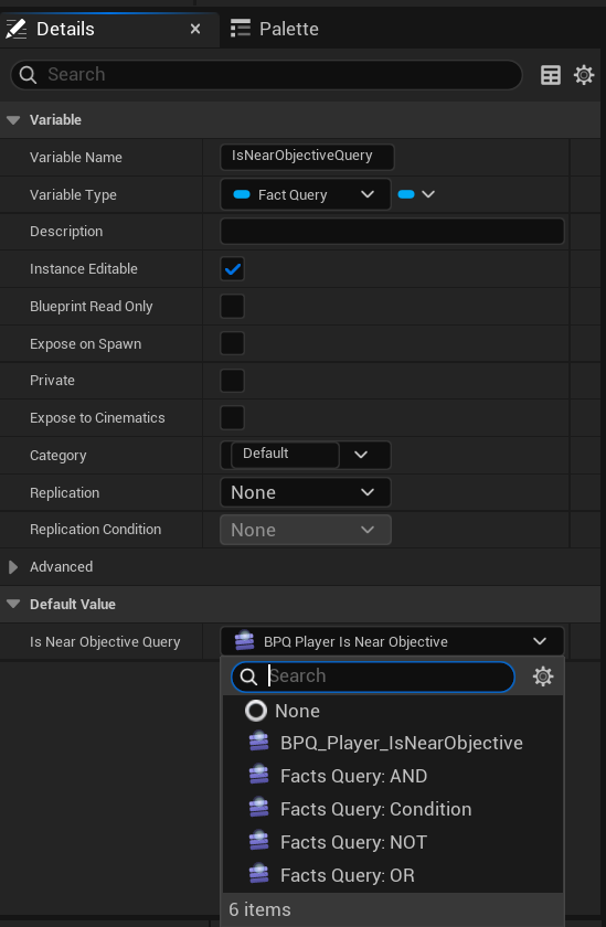 Configuring a Blueprint Query as an instanced variable in the Details panel.