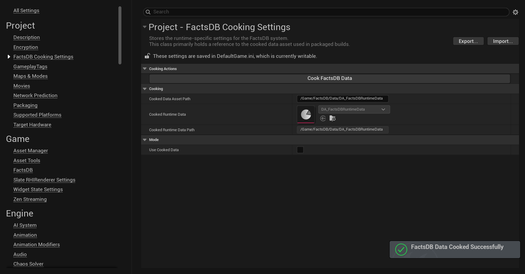 FactsDB Cooking Settings