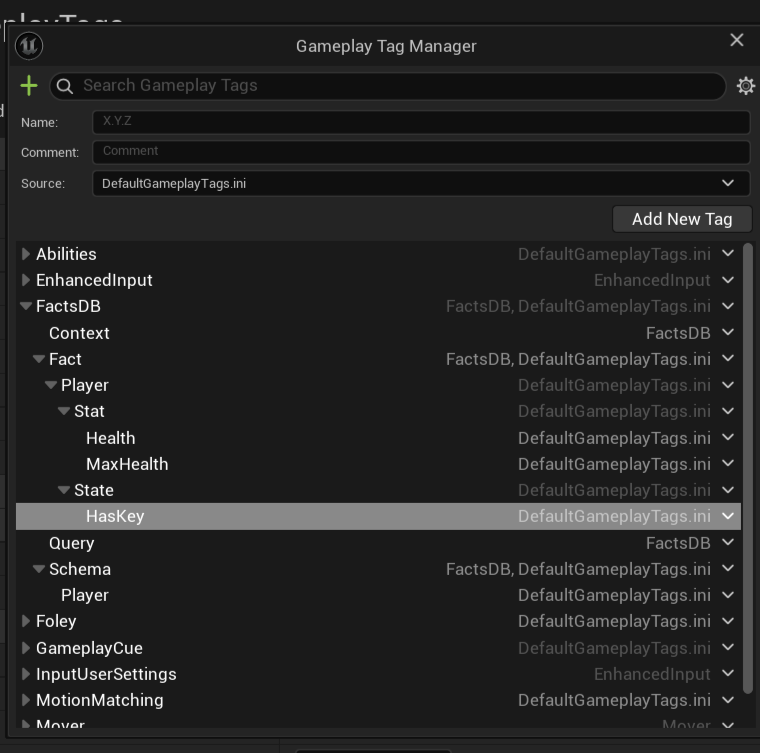 Gameplay Tag Editor showing the new tags.