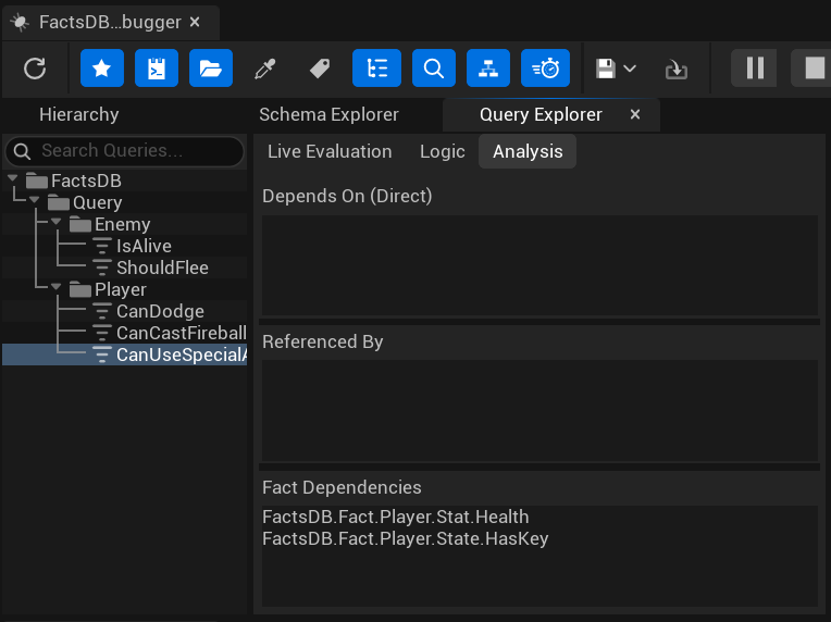 The Analysis tab showing a query&#39;s dependencies and references