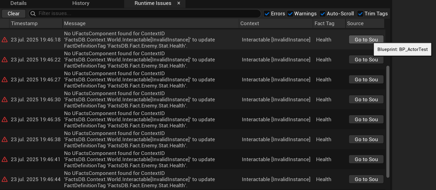 The Runtime Issues Panel showing a warning