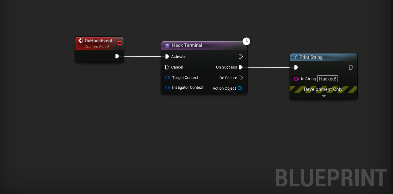 Using the custom Hack Terminal Action node in a Blueprint graph